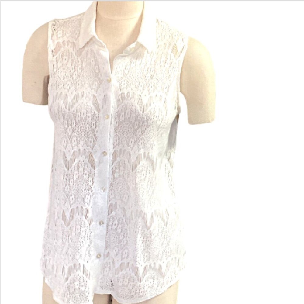 Kirra Lace Sleeveless Button-Down Shirt w/ Cutout Back Sz L Cream White‎ 228P